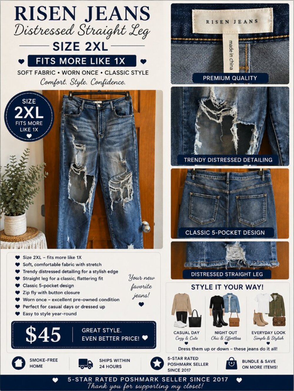 RISEN Jeans Distressed Straight Leg Denim Size 2XL Fits Like 1X